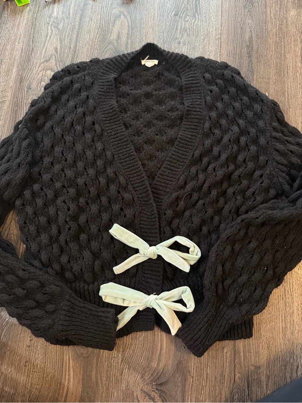 Kimchi Blue Black Cable Knit Cardigan with Mint Tie Bows